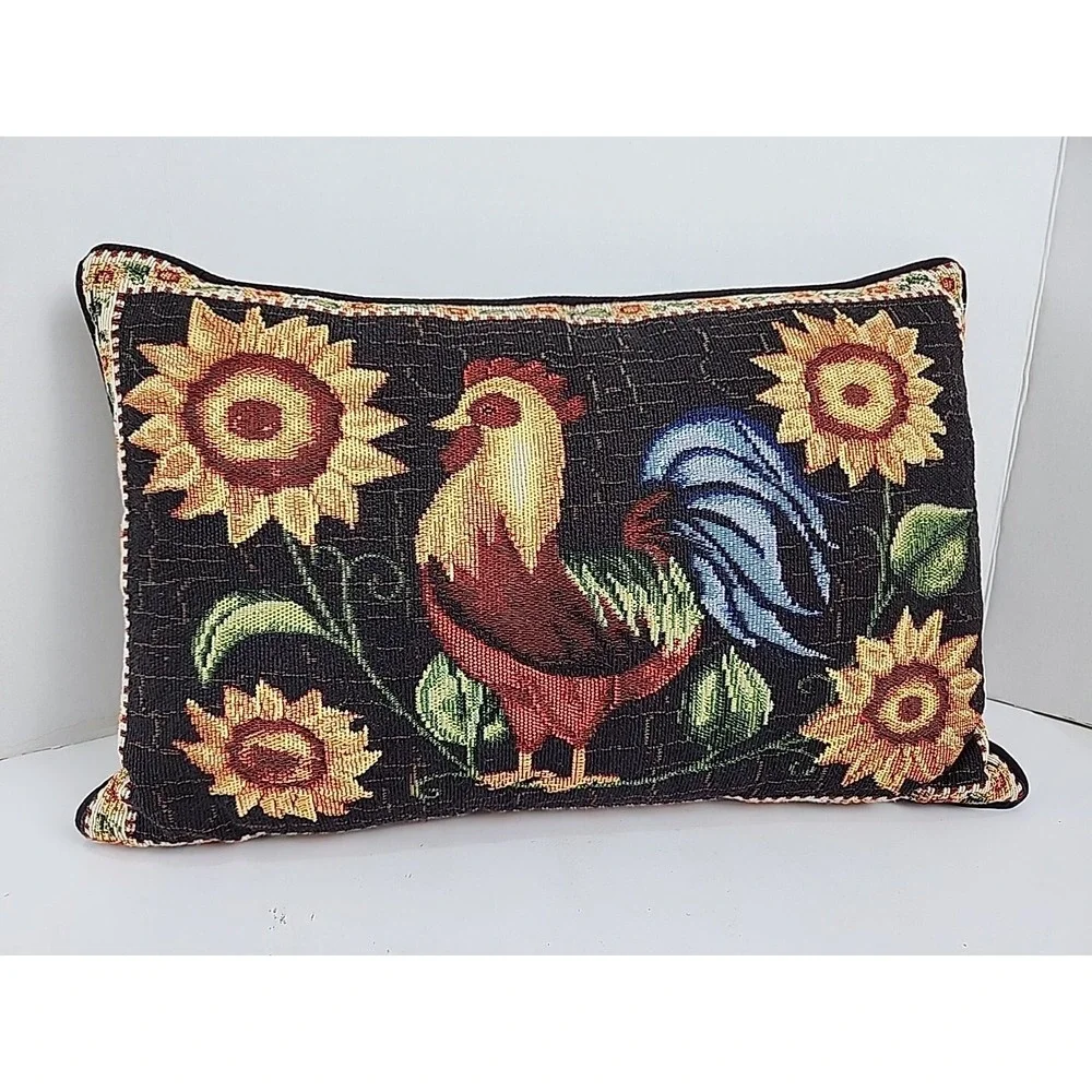 Vintage Tapestry Pillow Rooster Chicken 18x11